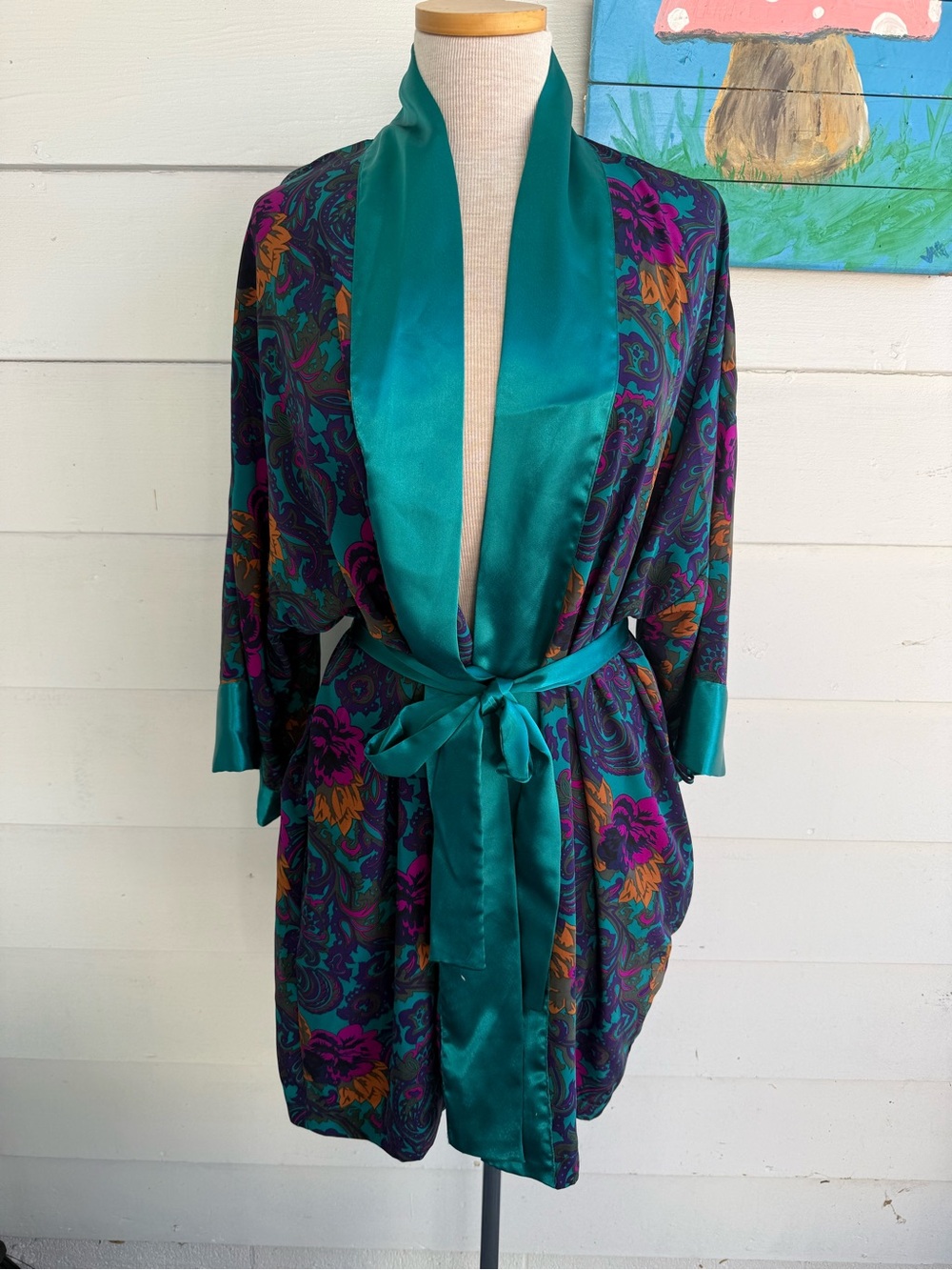 Victoria's Secret Teal Satin-Trim Floral Kimono Robe 90’s gold label vintage